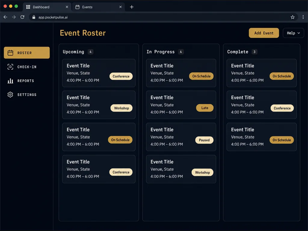 Sample build · SaaS — Event ops platform.