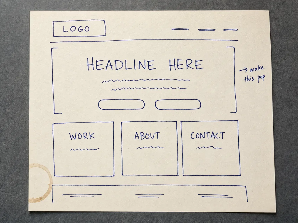 Hand-drawn website wireframe on paper